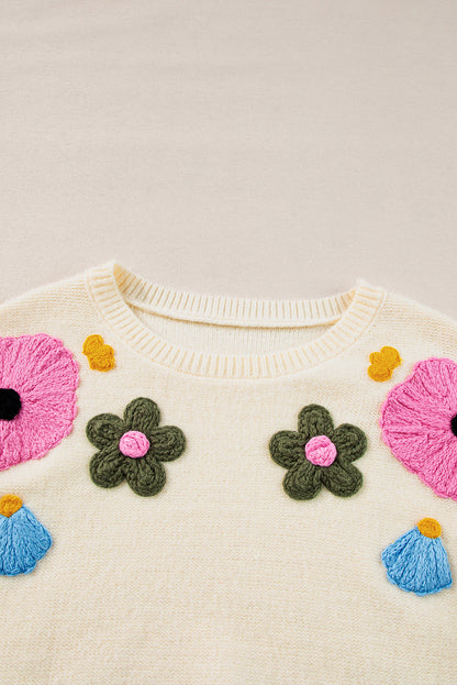 Sweaters - Embroidered Floral Knit Sweater