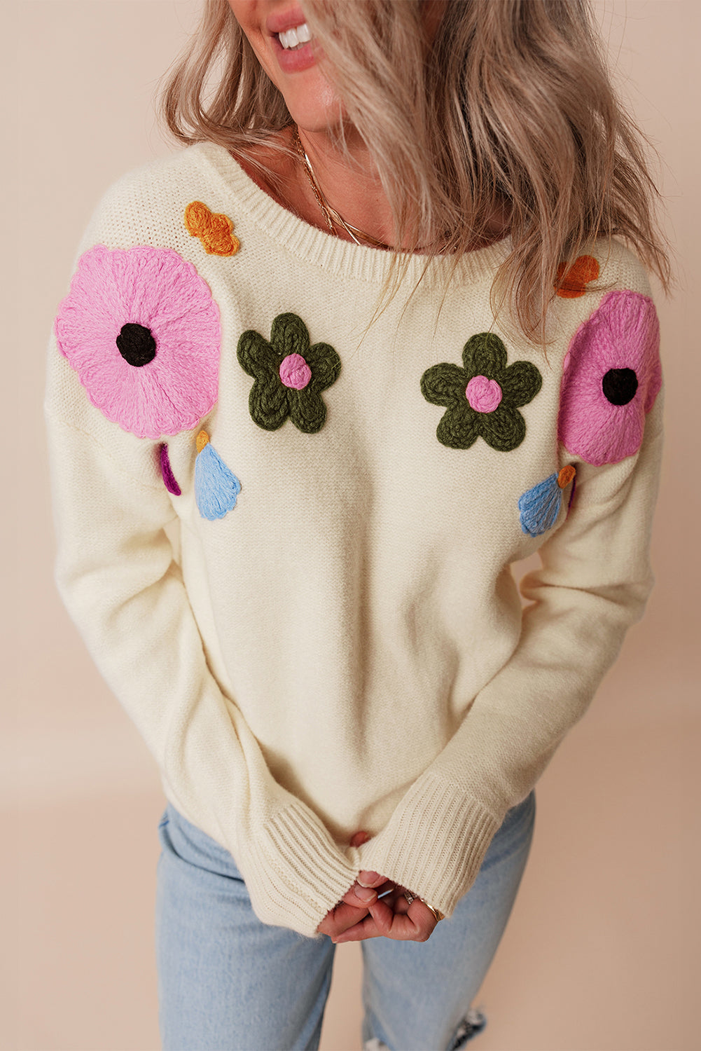 Sweaters - Embroidered Floral Knit Sweater