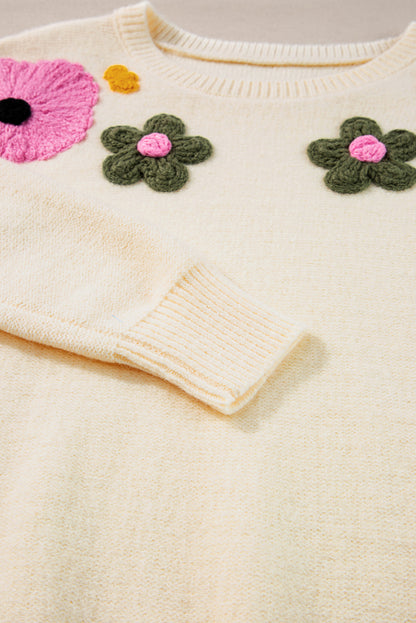 Sweaters - Embroidered Floral Knit Sweater