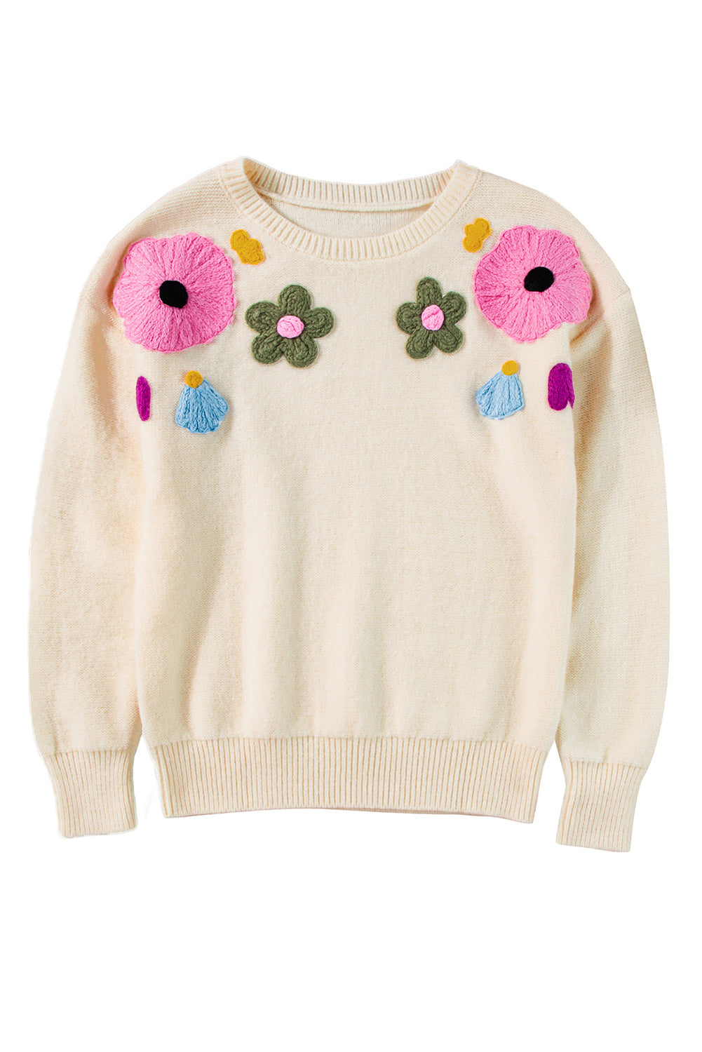 Sweaters - Embroidered Floral Knit Sweater