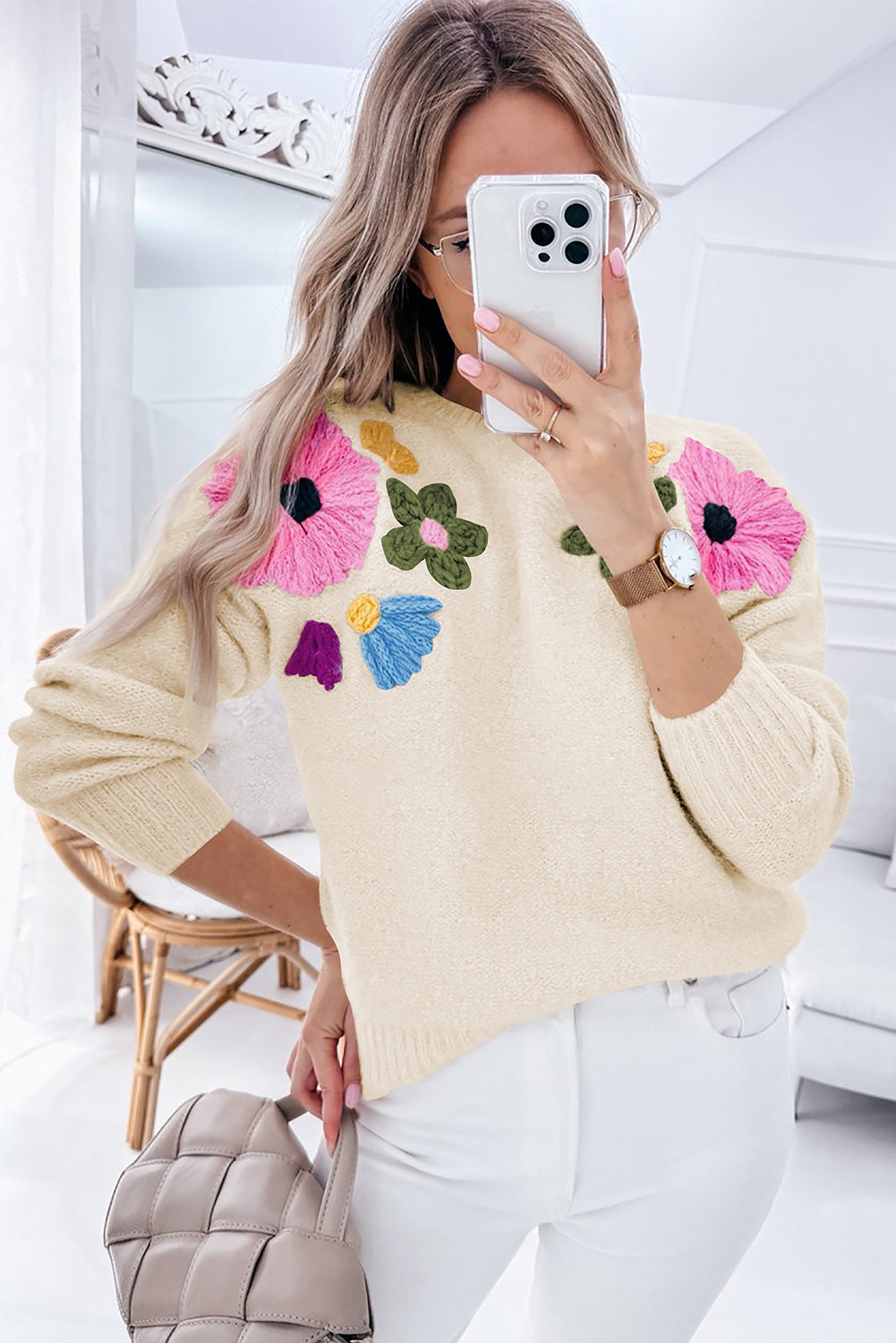 Sweaters - Embroidered Floral Knit Sweater