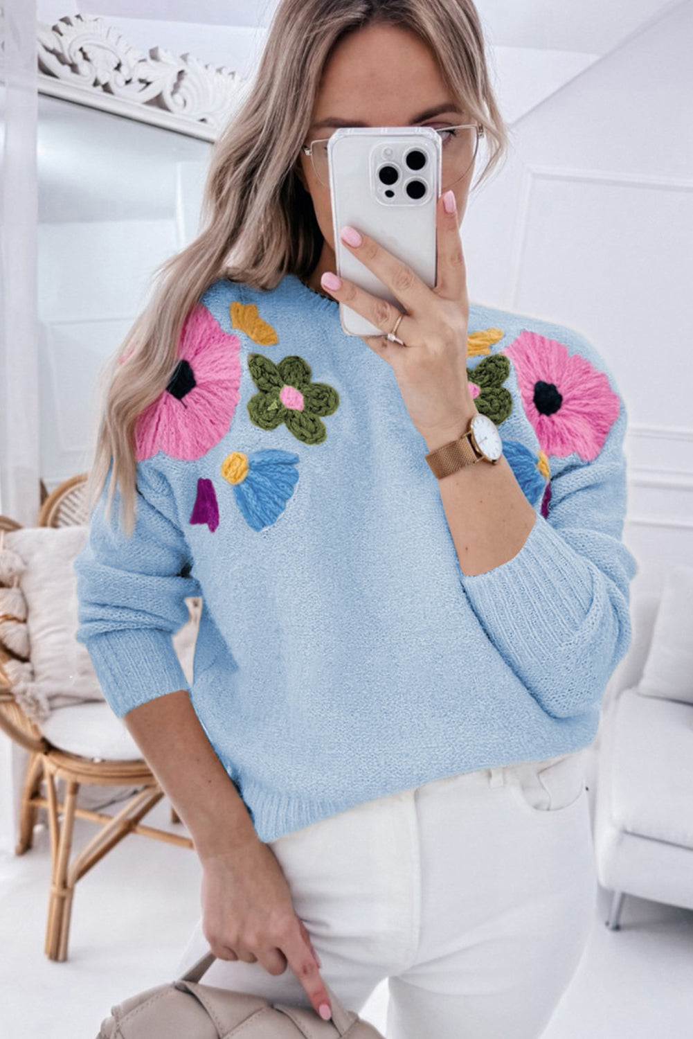 Sweaters - Embroidered Floral Knit Sweater