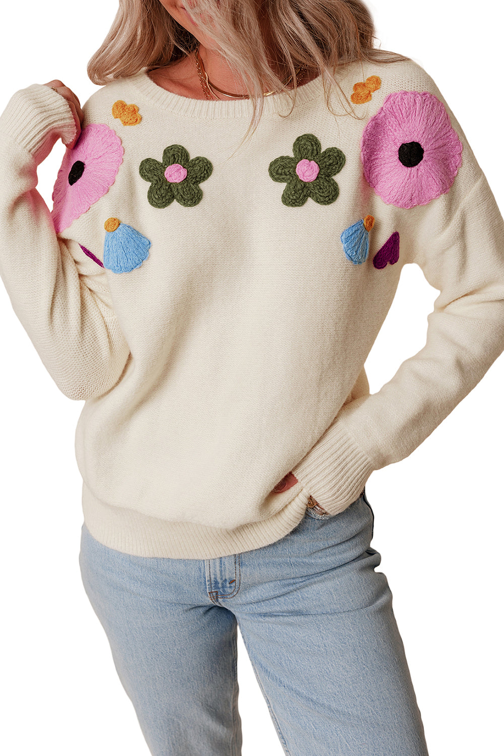 Sweaters - Embroidered Floral Knit Sweater