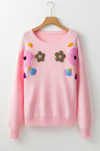 Sweaters - Embroidered Floral Knit Sweater