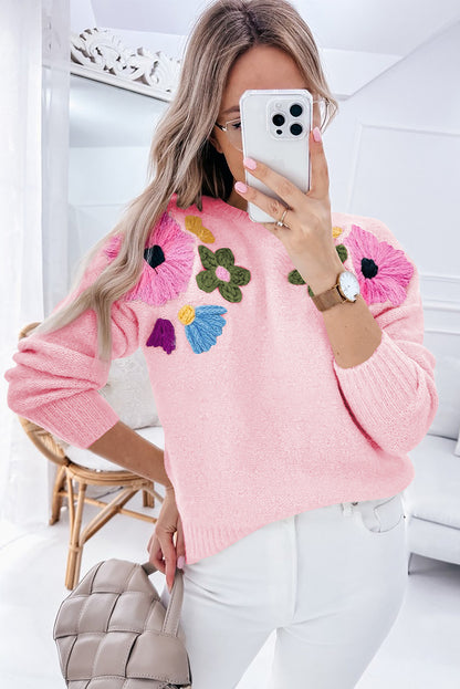 Sweaters - Embroidered Floral Knit Sweater