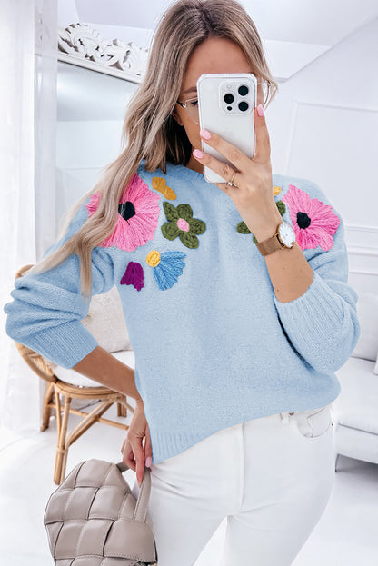 Sweaters - Embroidered Floral Knit Sweater