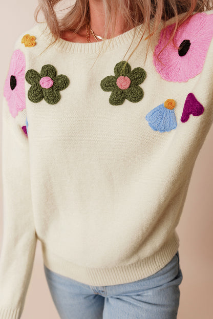 Sweaters - Embroidered Floral Knit Sweater