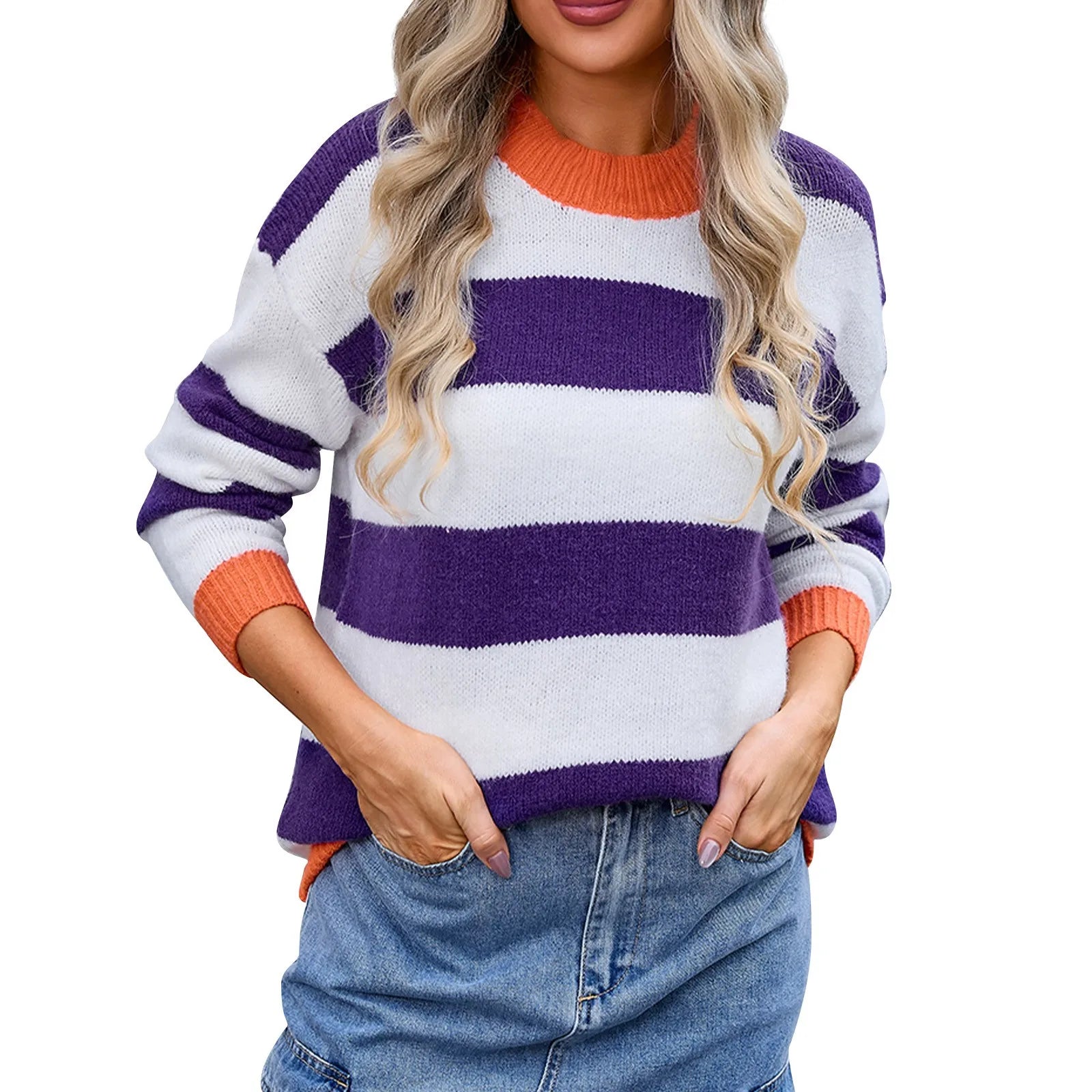 Sweaters- Essential Stripes Crewneck Jumper - Women’s Comfy Wear Sweater- Purple- Pekosa Women Fashion