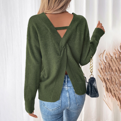 Sweaters - Fall Twist-Back V-Neck Knit Sweater