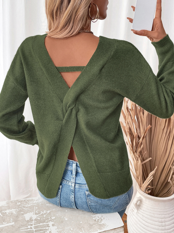 Sweaters - Fall Twist-Back V-Neck Knit Sweater