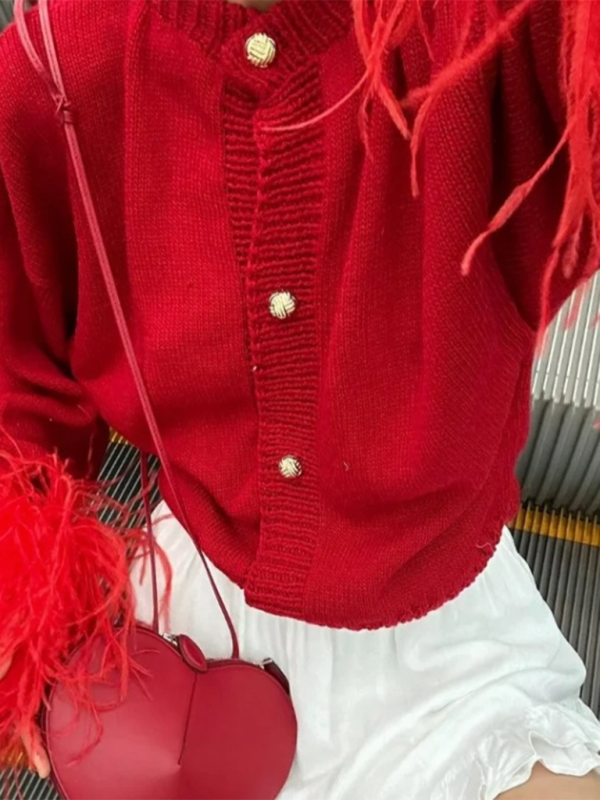 Sweaters - Feather-Cuffed Sweater Elegant Cardigan