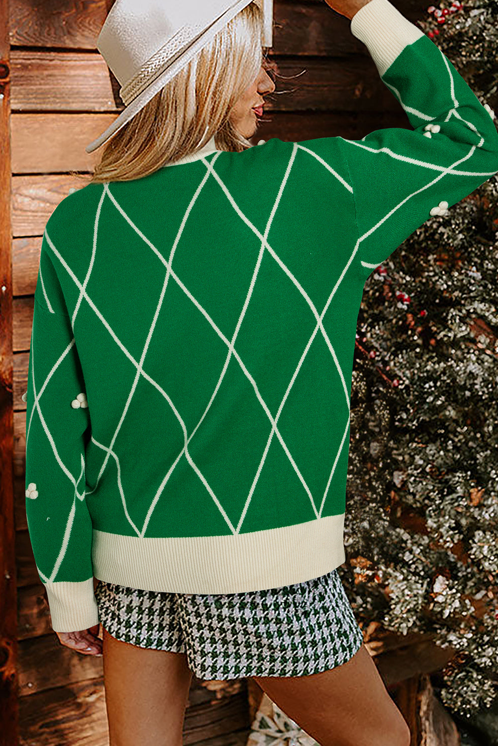 Sweaters - Festive Diamond Pattern Knit Sweater with Pom Accents