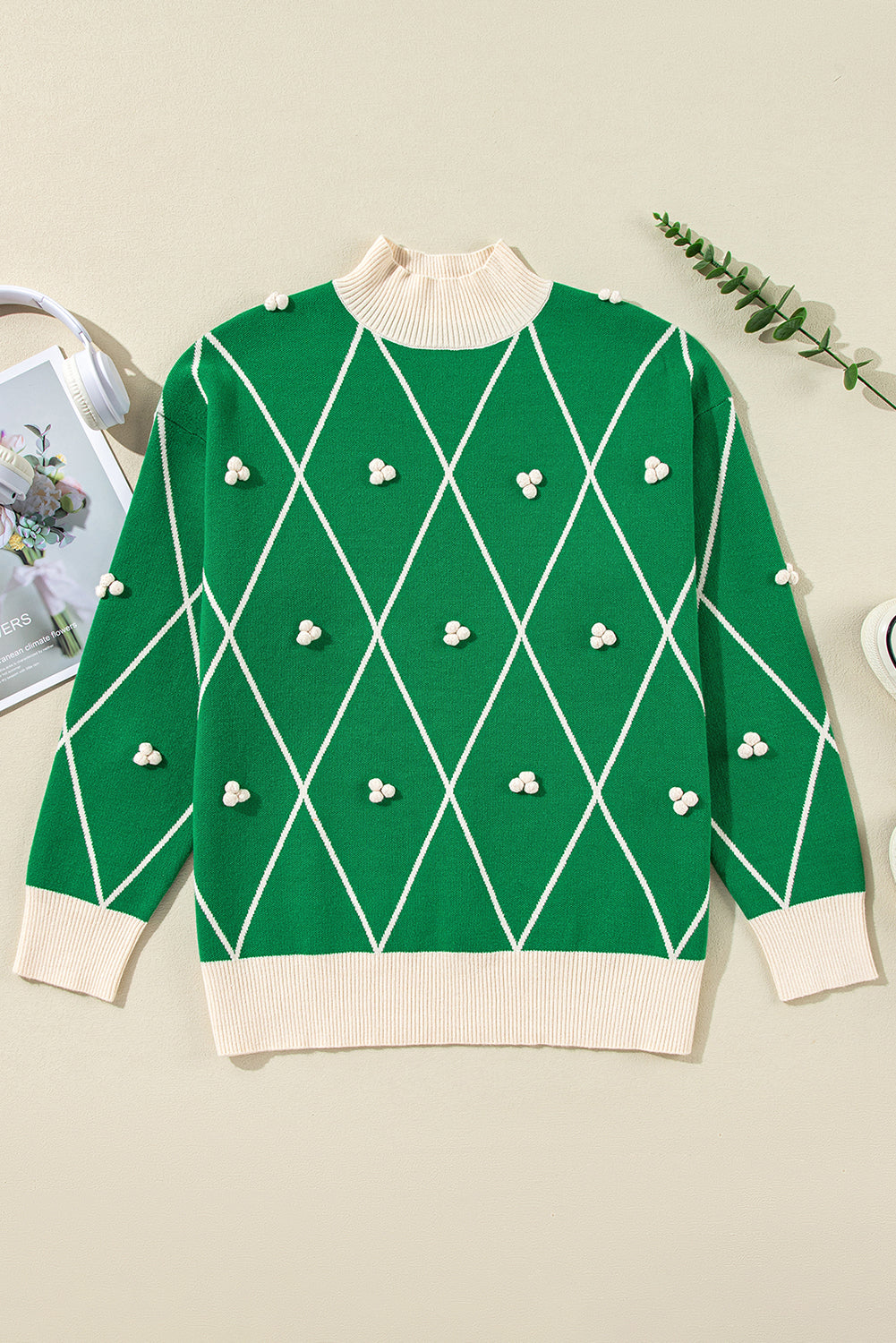 Sweaters - Festive Diamond Pattern Knit Sweater with Pom Accents