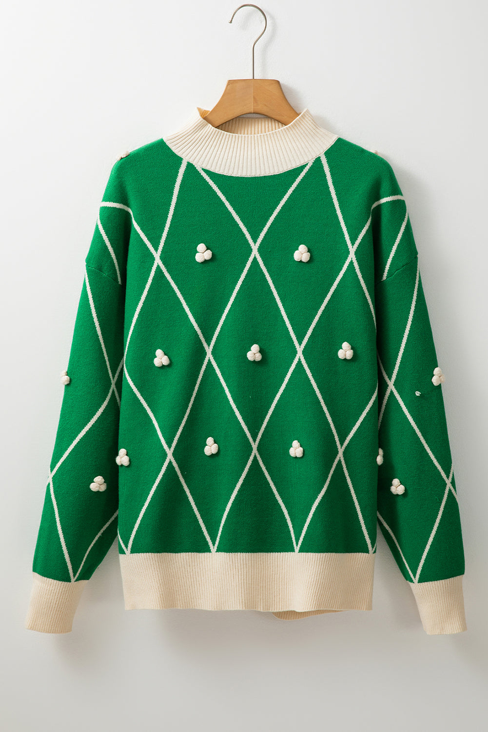 Sweaters - Festive Diamond Pattern Knit Sweater with Pom Accents