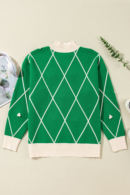 Sweaters - Festive Diamond Pattern Knit Sweater with Pom Accents