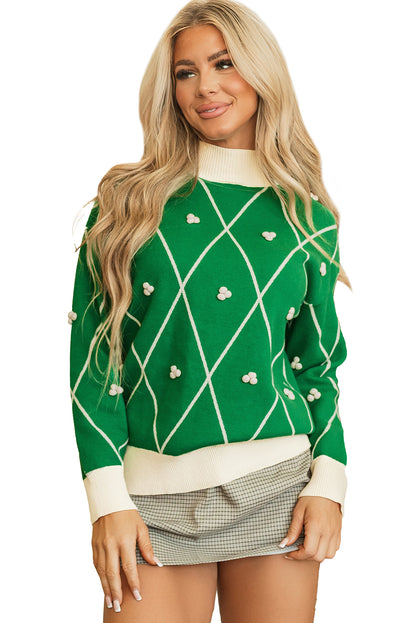 Sweaters - Festive Diamond Pattern Knit Sweater with Pom Accents