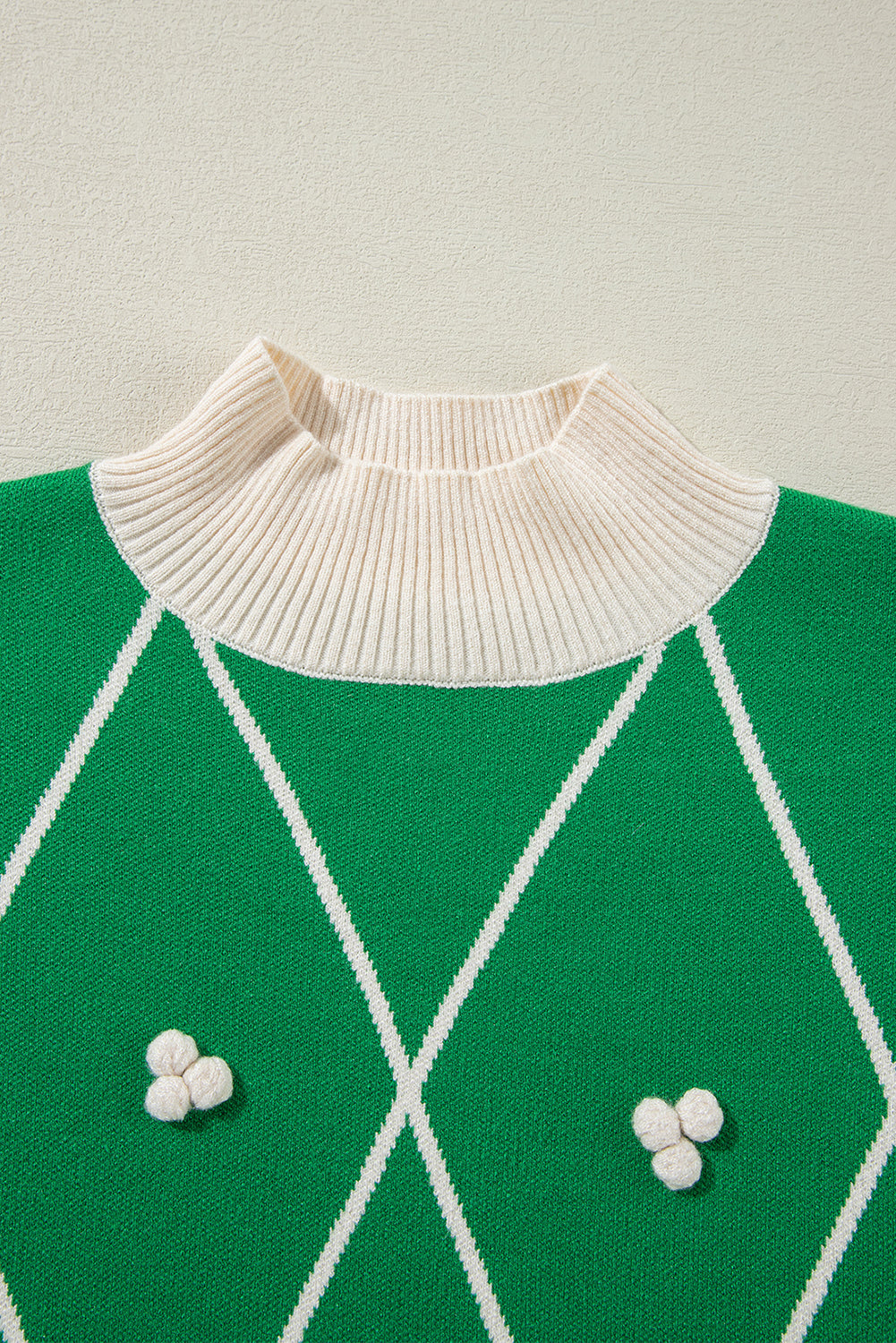 Sweaters - Festive Diamond Pattern Knit Sweater with Pom Accents