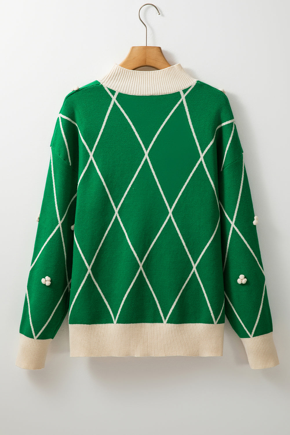 Sweaters - Festive Diamond Pattern Knit Sweater with Pom Accents