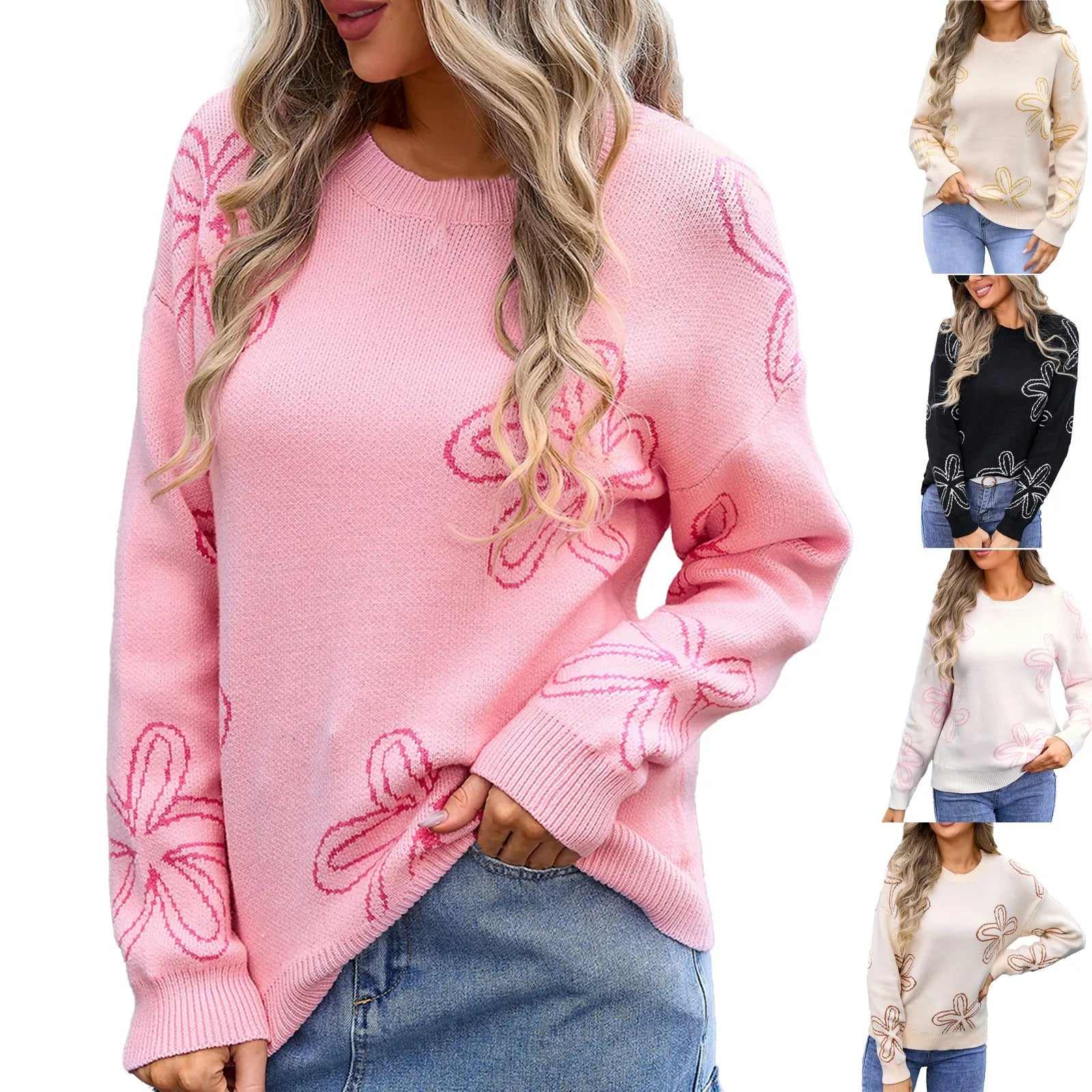 Sweaters- Floral Crewneck Sweater - Cozy Knit Jumper for Women- - Pekosa Women Fashion