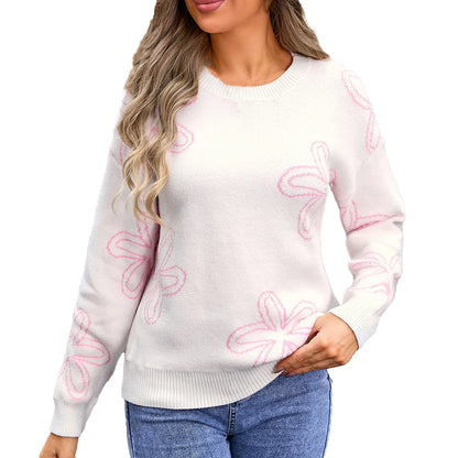 Sweaters- Floral Crewneck Sweater - Cozy Knit Jumper for Women- Pink- Pekosa Women Fashion