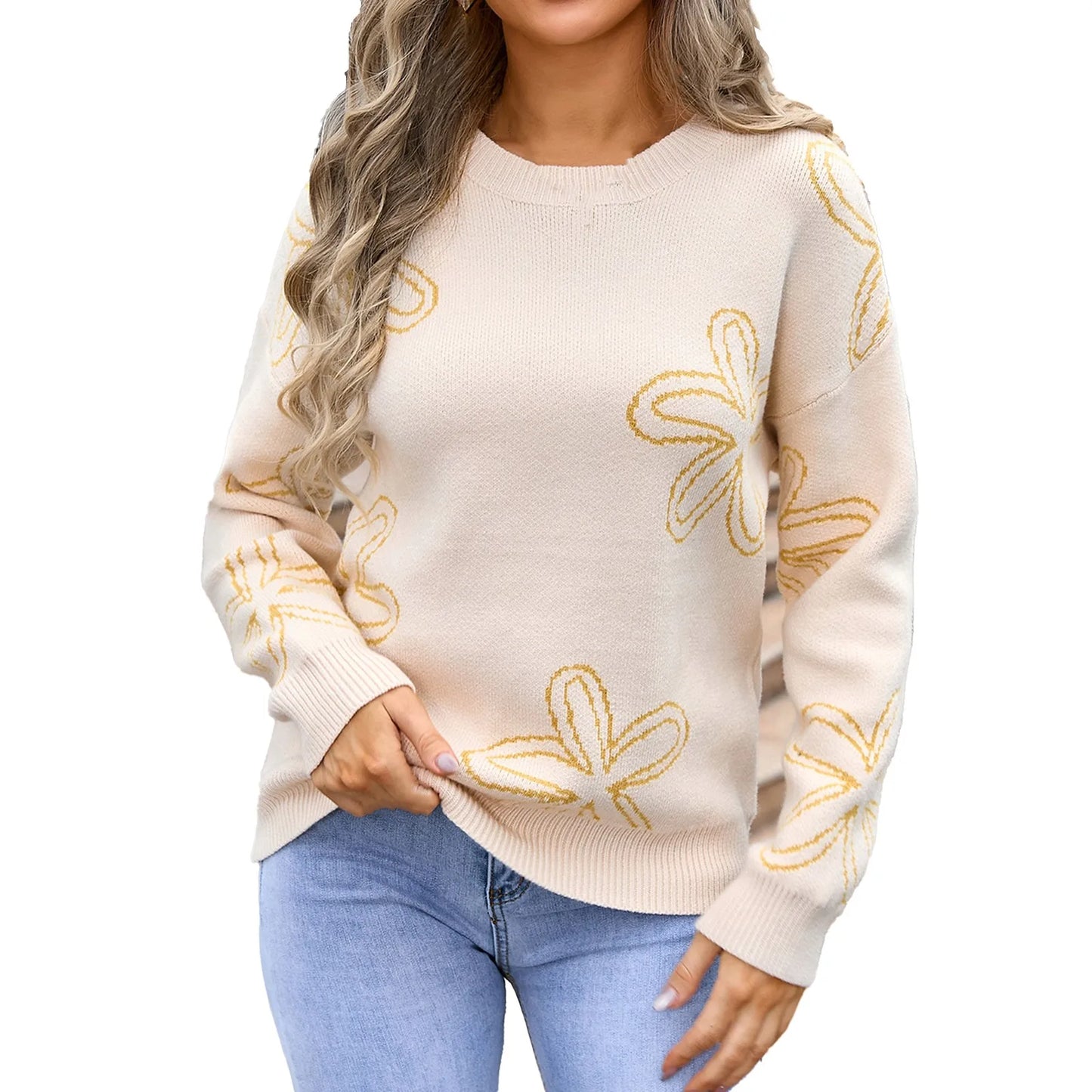 Sweaters- Floral Crewneck Sweater - Cozy Knit Jumper for Women- Yellow- Pekosa Women Fashion