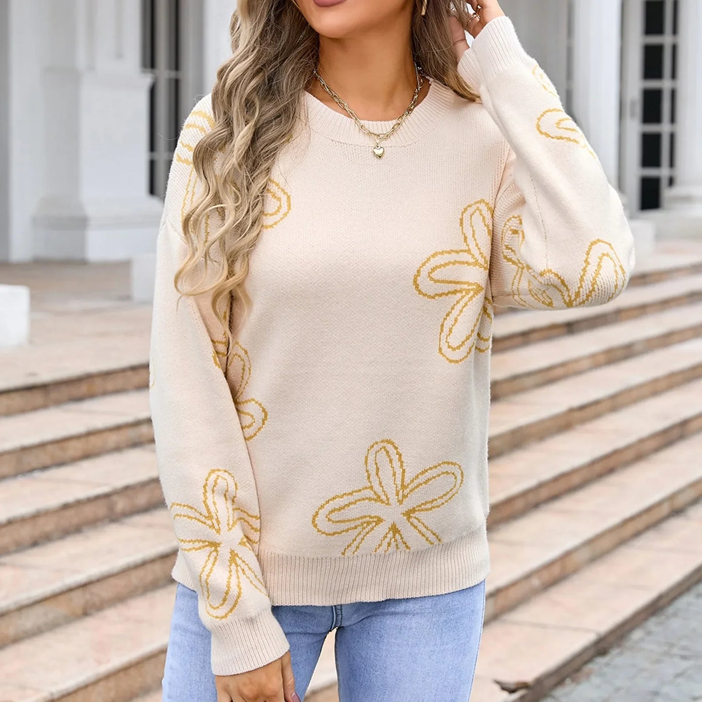 Sweaters- Floral Crewneck Sweater - Cozy Knit Jumper for Women- - Pekosa Women Fashion