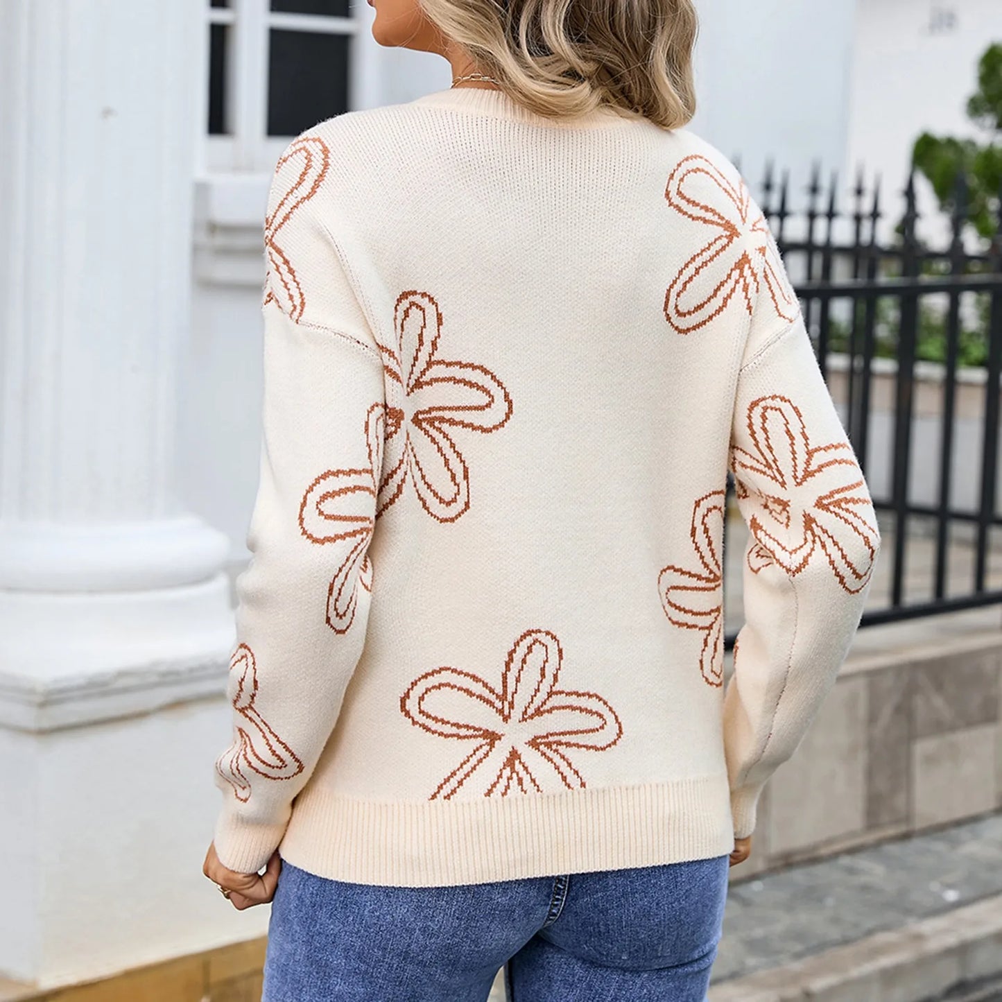 Sweaters- Floral Crewneck Sweater - Cozy Knit Jumper for Women- - Pekosa Women Fashion