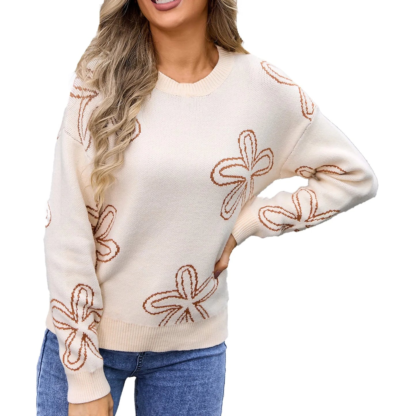 Sweaters- Floral Crewneck Sweater - Cozy Knit Jumper for Women- Camel- Pekosa Women Fashion