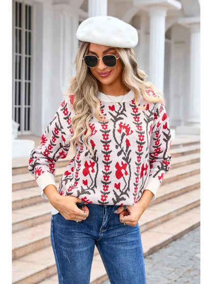 Sweaters- Floral & Geometric Patterned Crewneck Sweater for Women- - Pekosa Women Fashion