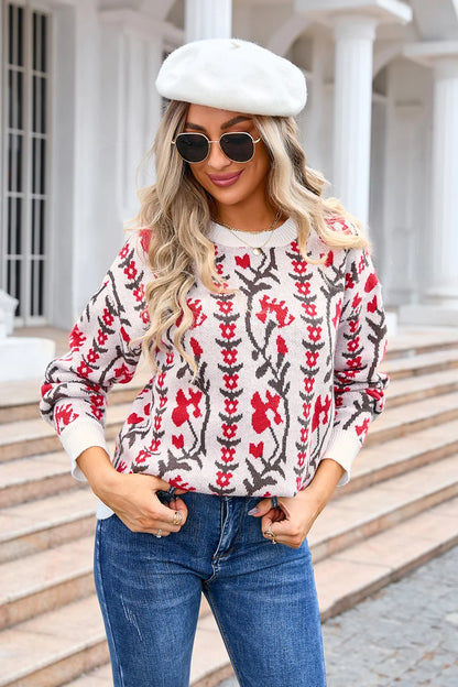 Sweaters- Floral & Geometric Patterned Crewneck Sweater for Women- Red- Pekosa Women Fashion