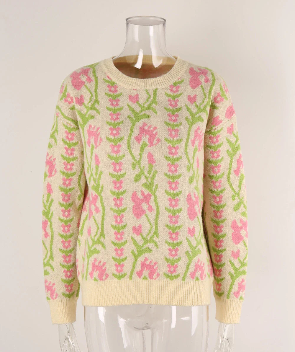 Sweaters- Floral & Geometric Patterned Crewneck Sweater for Women- - Pekosa Women Fashion