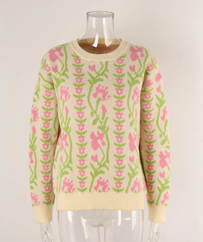 Sweaters- Floral & Geometric Patterned Crewneck Sweater for Women- - Pekosa Women Fashion