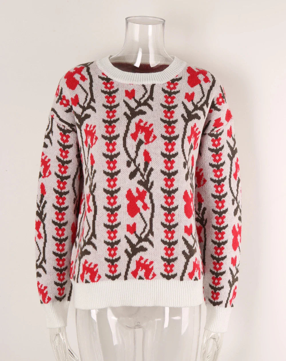 Sweaters- Floral & Geometric Patterned Crewneck Sweater for Women- - Pekosa Women Fashion