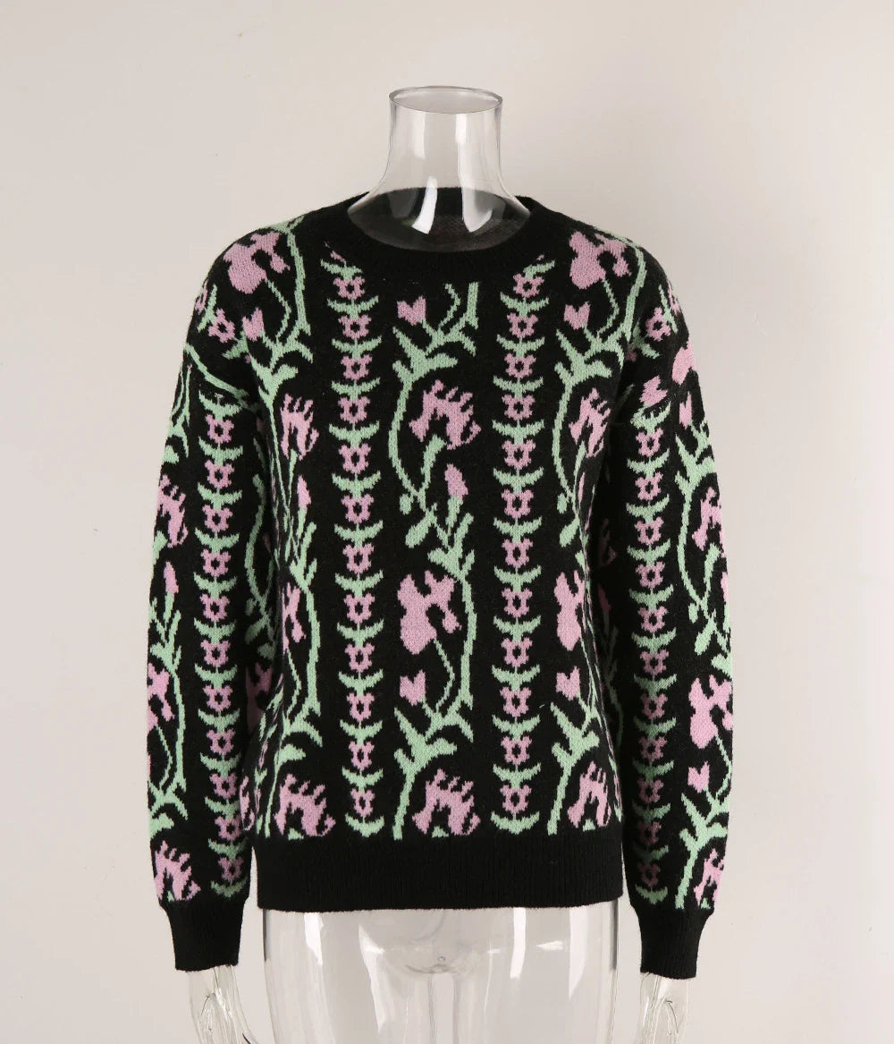 Sweaters- Floral & Geometric Patterned Crewneck Sweater for Women- - Pekosa Women Fashion