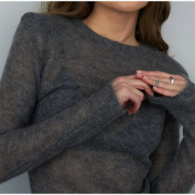 Sweaters - Fluffy See-through Knitwear Heather Grey Sweater