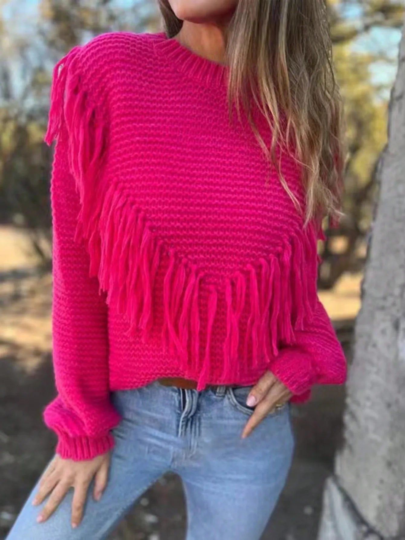 Sweaters - Fringe Lantern Sleeve Sweater Knit Pullover