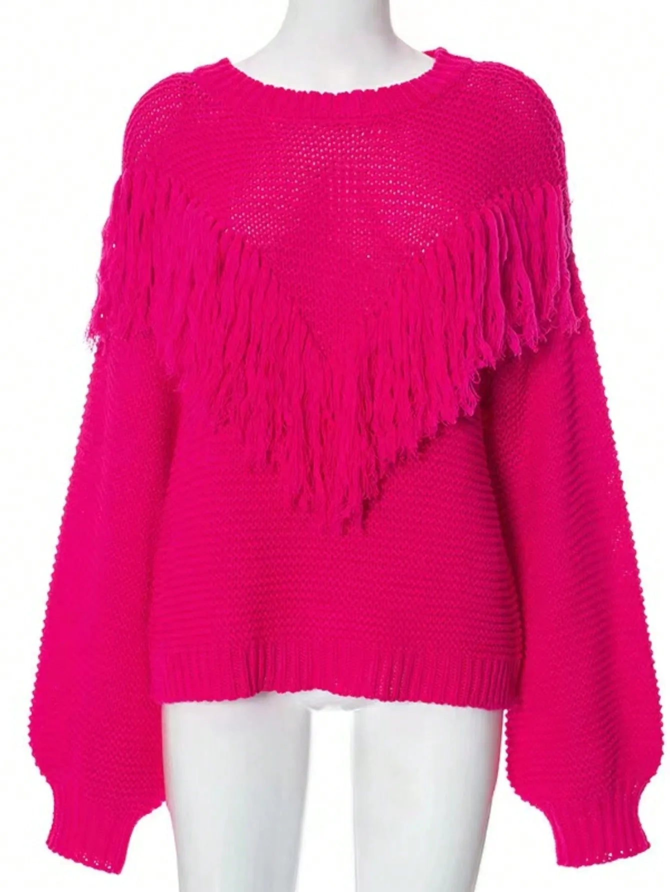 Sweaters - Fringe Lantern Sleeve Sweater Knit Pullover