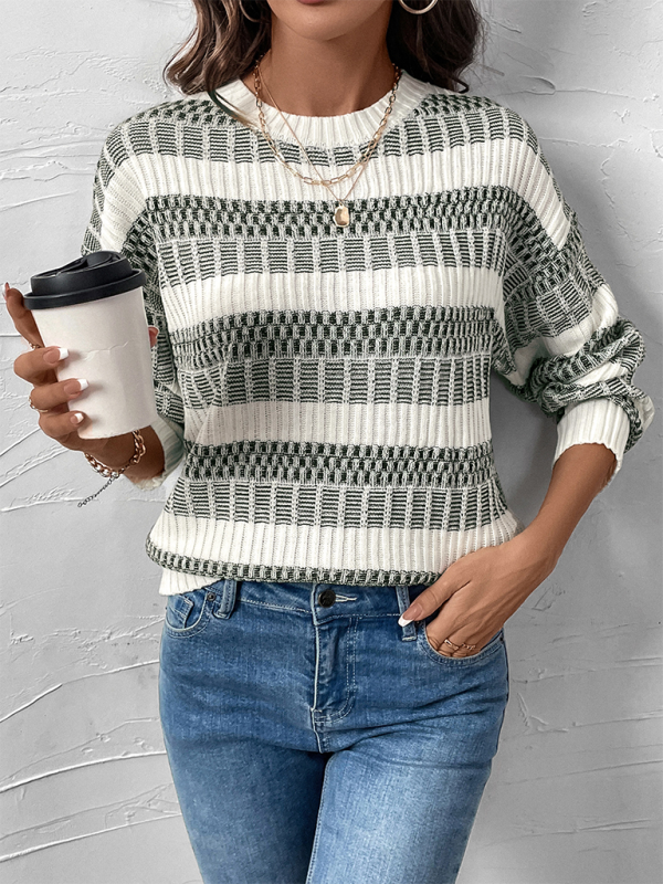 Sweaters - Green and White Textured Sweater - Casual