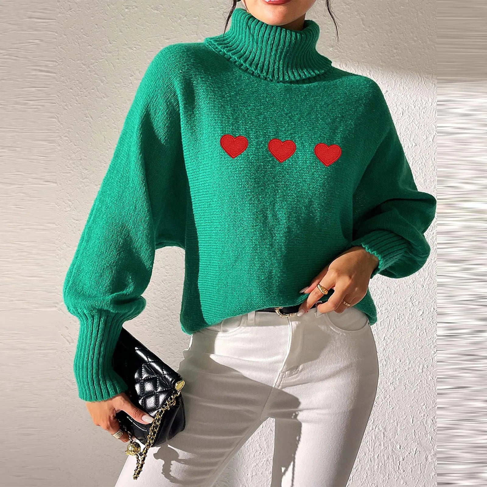 Sweaters- Heart Pattern Sweater Turtleneck Jumper