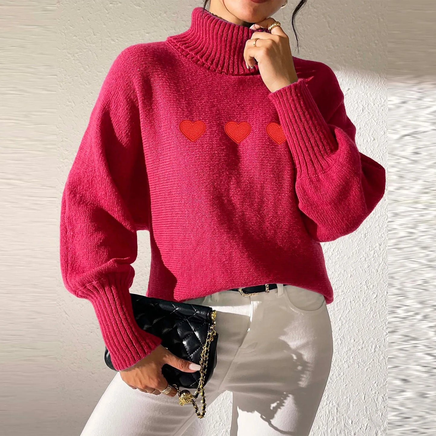 Sweaters- Heart Pattern Sweater Turtleneck Jumper