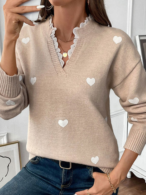 Sweaters - Heartfelt Lace Neck Jumper Love Pattern Sweater