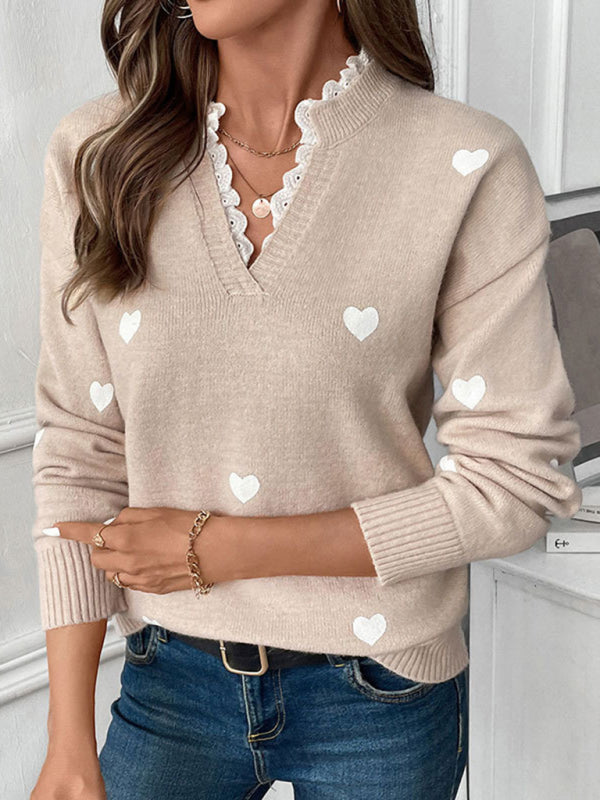 Sweaters - Heartfelt Lace Neck Jumper Love Pattern Sweater