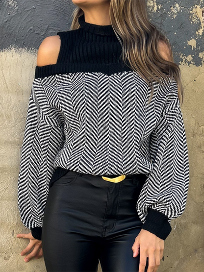 Sweaters- Houndstooth Cold-Shoulder Sweater for Women- - Chuzko Women Clothing