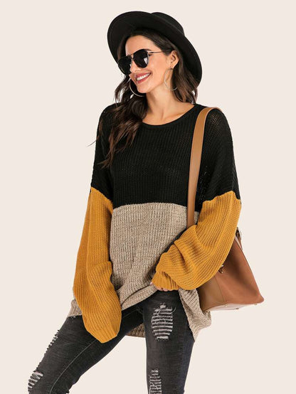 Sweaters- Knitted Patchwork Colors Drop Shoulder Mid Sweater- - Pekosa Women Clothing