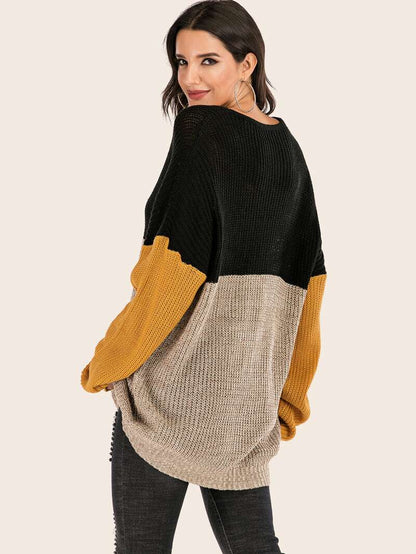 Sweaters- Knitted Patchwork Colors Drop Shoulder Mid Sweater- - Pekosa Women Clothing