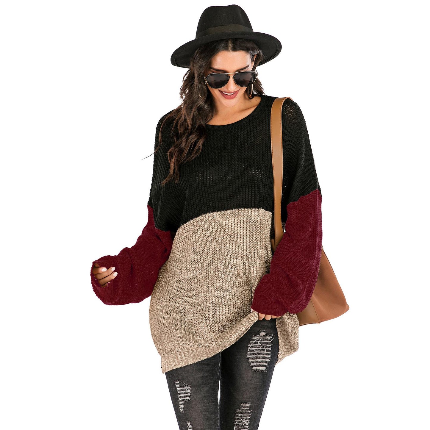 Sweaters- Knitted Patchwork Colors Drop Shoulder Mid Sweater- - Pekosa Women Clothing