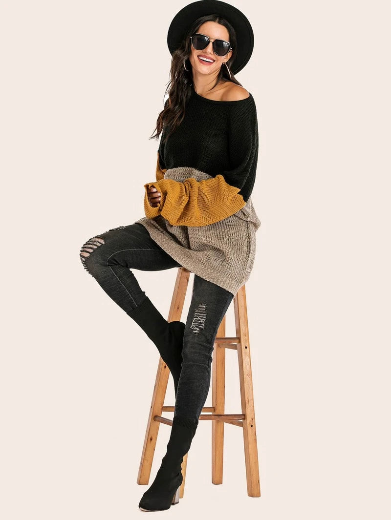 Sweaters- Knitted Patchwork Colors Drop Shoulder Mid Sweater- - Pekosa Women Clothing