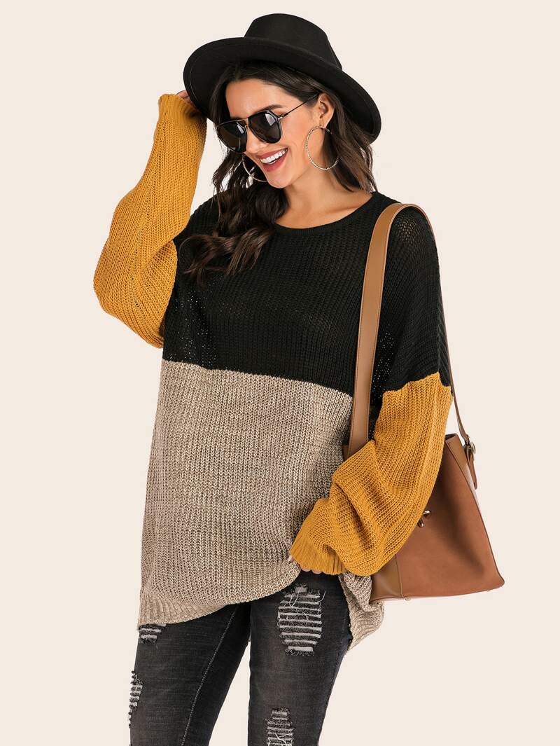 Sweaters- Knitted Patchwork Colors Drop Shoulder Mid Sweater- - Pekosa Women Clothing