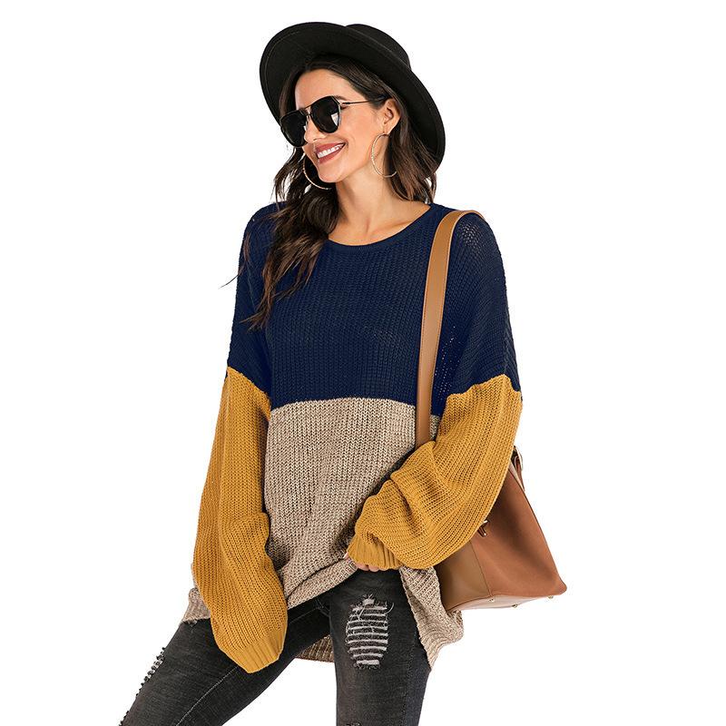 Sweaters- Knitted Patchwork Colors Drop Shoulder Mid Sweater- - Pekosa Women Clothing