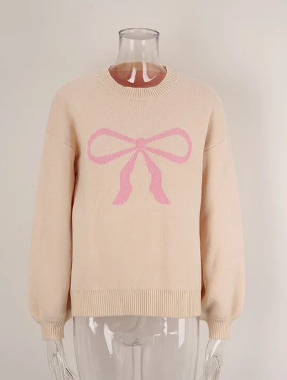 Sweaters- Ladies' Cozy Bow Crewneck Sweater - Essential Winter Wear- - Pekosa Women Fashion